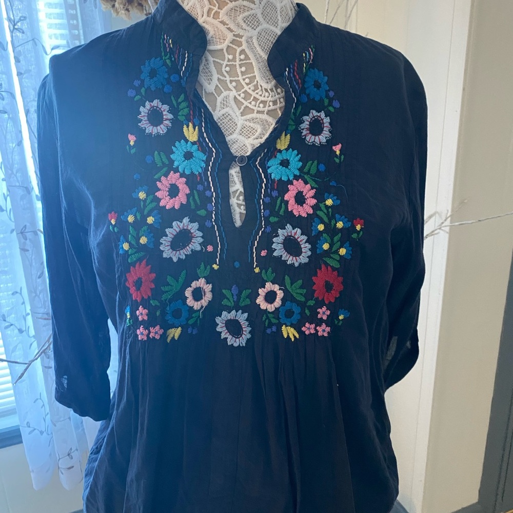 Johnny Was blousy top. Black with tiny flowers around front